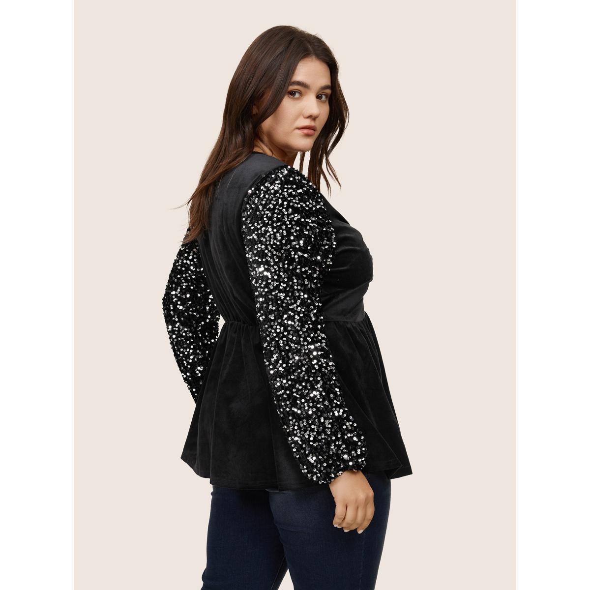 Plus Size Black Patchwork Velvet Twist Front Elastic Waist Sequin Blouse Women Glamour Long Sleeve V-neck Party Blouses BloomChic 10/M Product Image