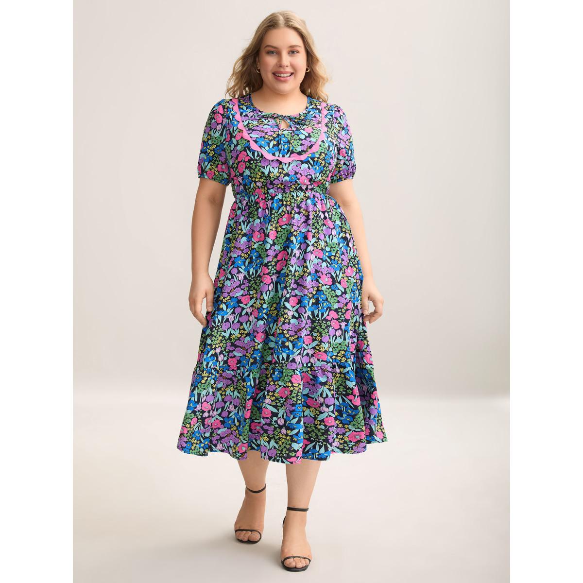 Plus Size Floral Contrast Webbing Neck Tie Midi Dress BlackFlower Women Elegant Woven ribbon&lace trim Flat collar with V-notch Short sleeve Curvy BloomChic 18-20/2X Product Image