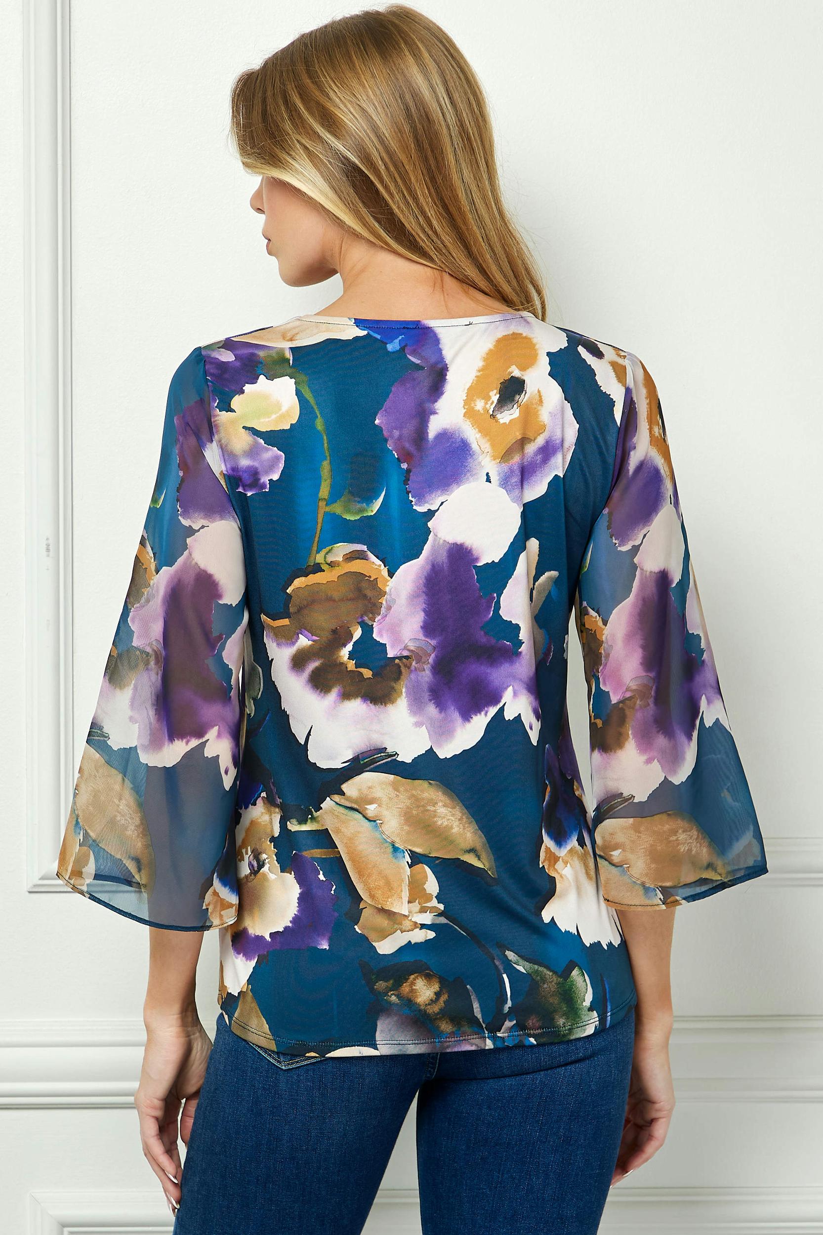 3/4 Flare Sleeve Cutout Trim Front Neck Swing Blouse in Black Product Image