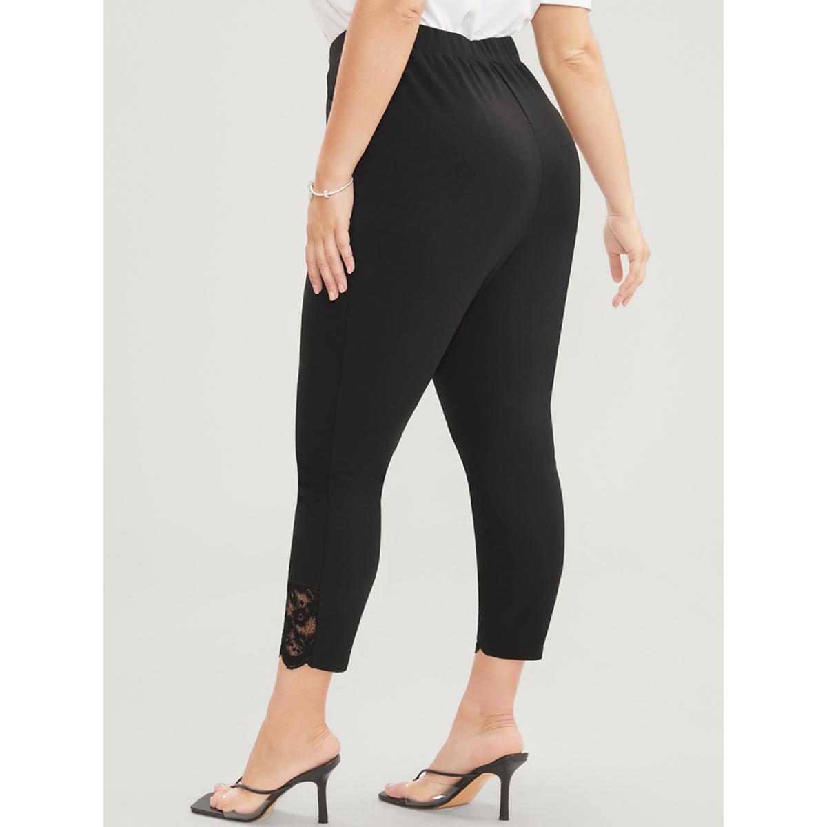 Plus Size Solid Scalloped Trim Elastic Waist Pocket Lace Hem Pants Women Black Elegant Bodycon High Rise Everyday Pants BloomChic 14-16/1X Product Image
