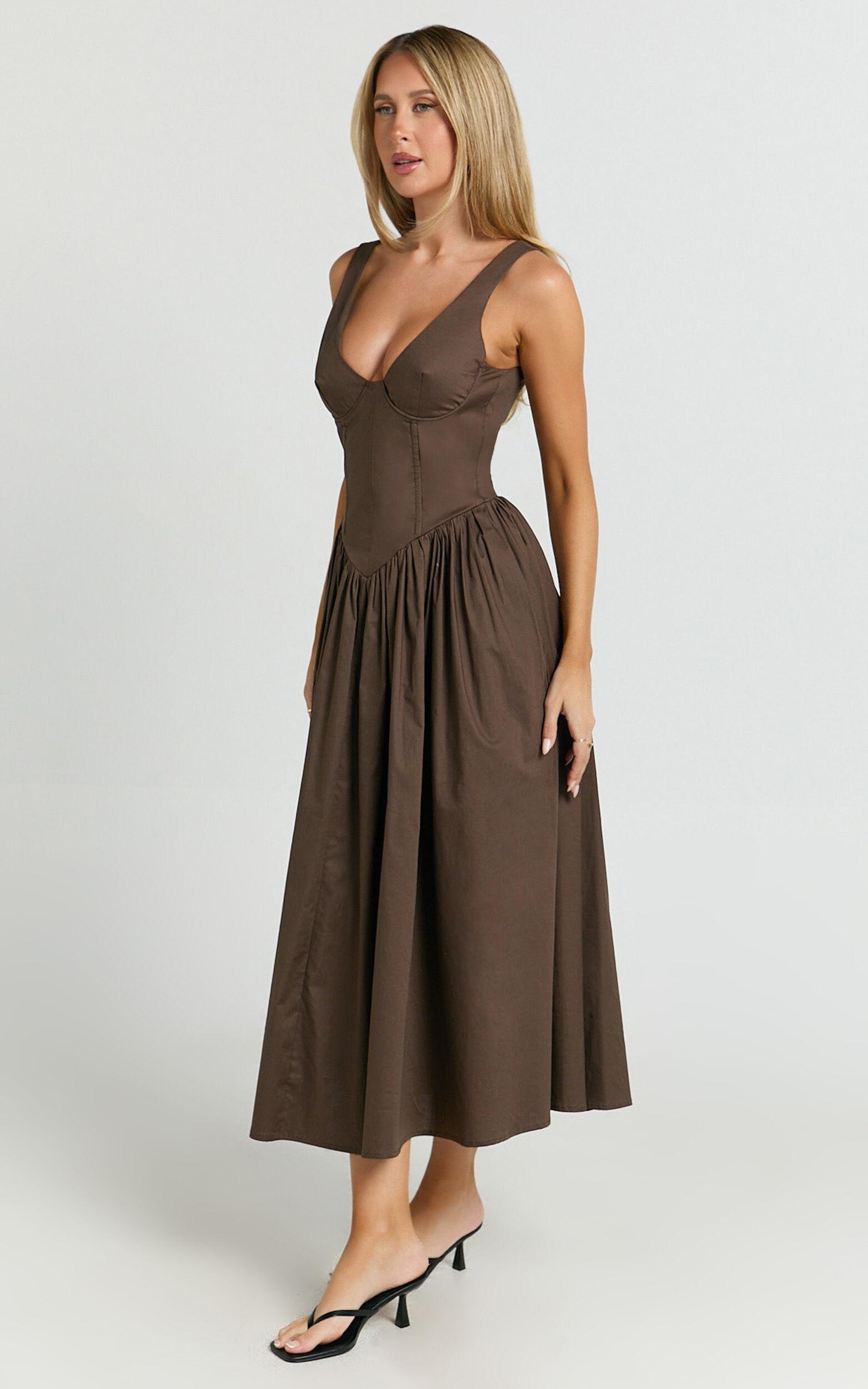 Beckett Midi Dress - Scoop Neck Drop V Waist Gathered Skirt Dress in Dark Chocolate Product Image