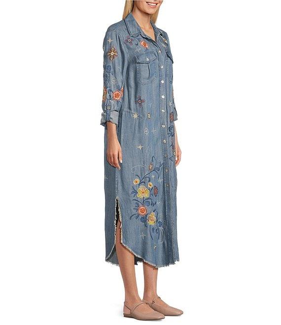John Mark Floral Embroidered Roll Tab Sleeve Button Up Midi Dress Product Image