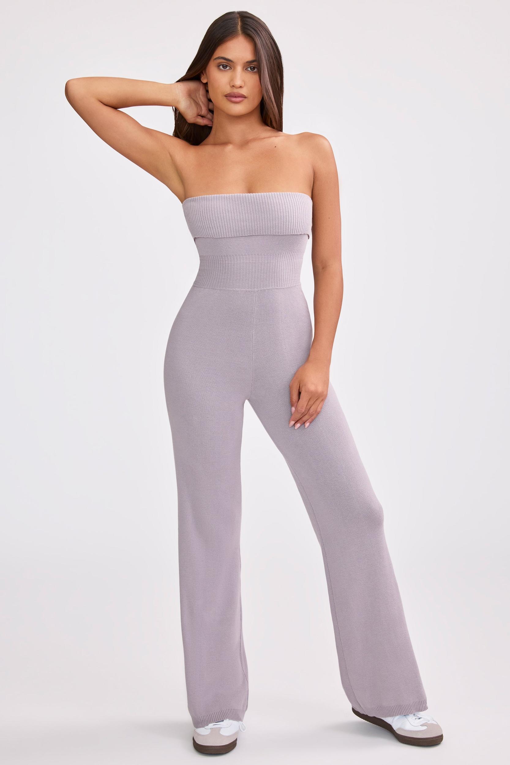 Chunky Knit Bandeau Kick Flare Jumpsuit in Dusty Lavender Product Image
