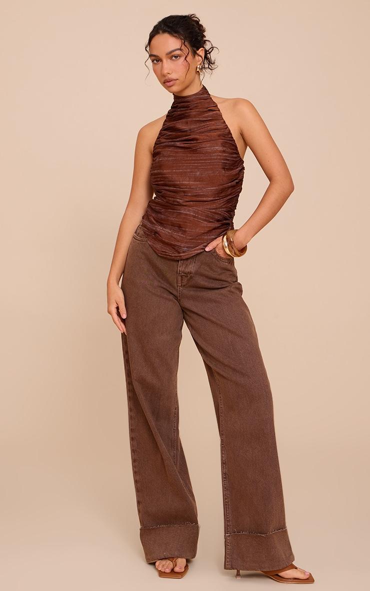Brown Printed Satin Ruched Halterneck Top Product Image