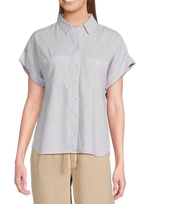 Cloth & Stone Woven Rolled Short Sleeve Point Collar Top Product Image