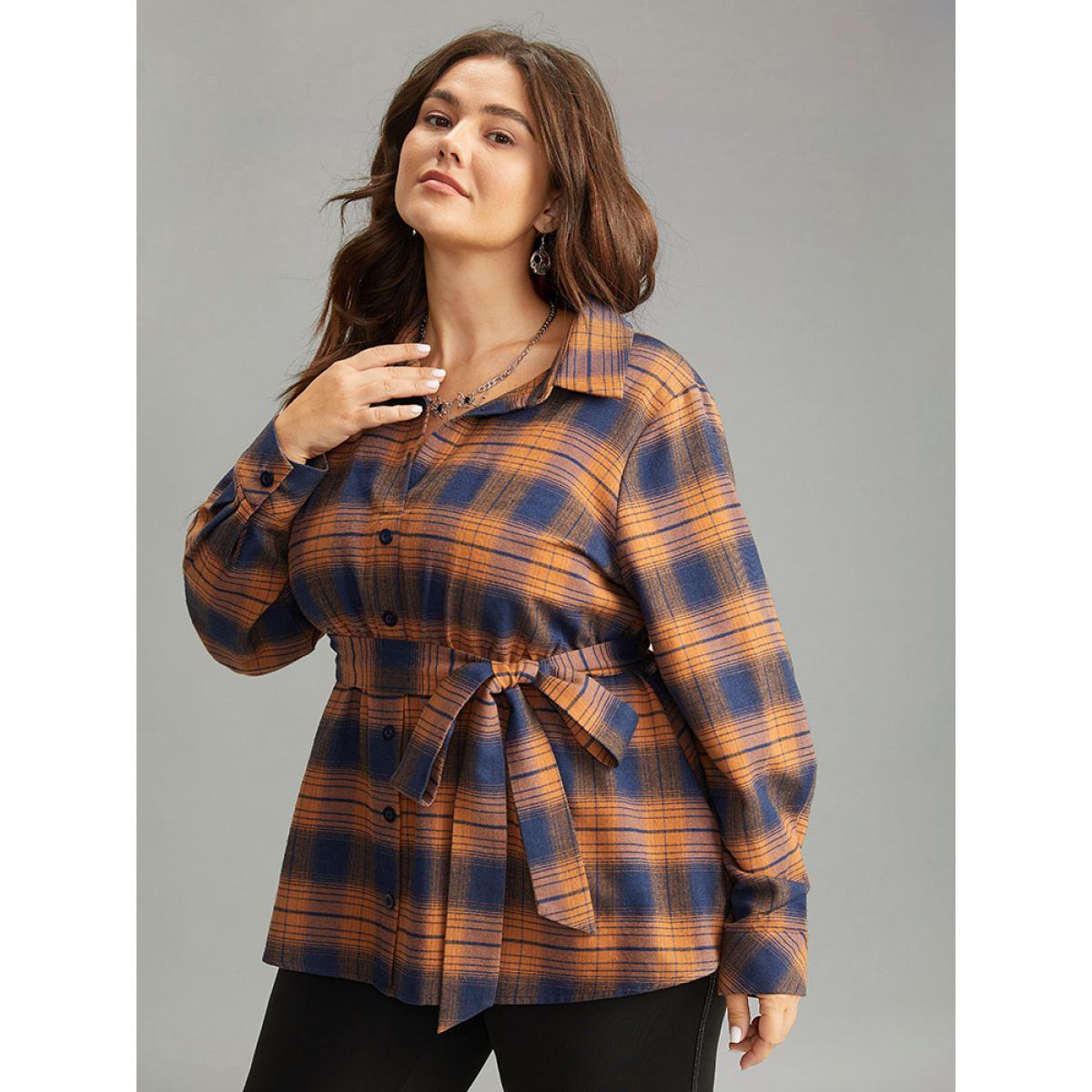 Plus Size Chocolate Plaid Elastic Waist Shirt Collar Blouse Women Elegant Long Sleeve Shirt collar Dailywear Blouses BloomChic 10/M Product Image