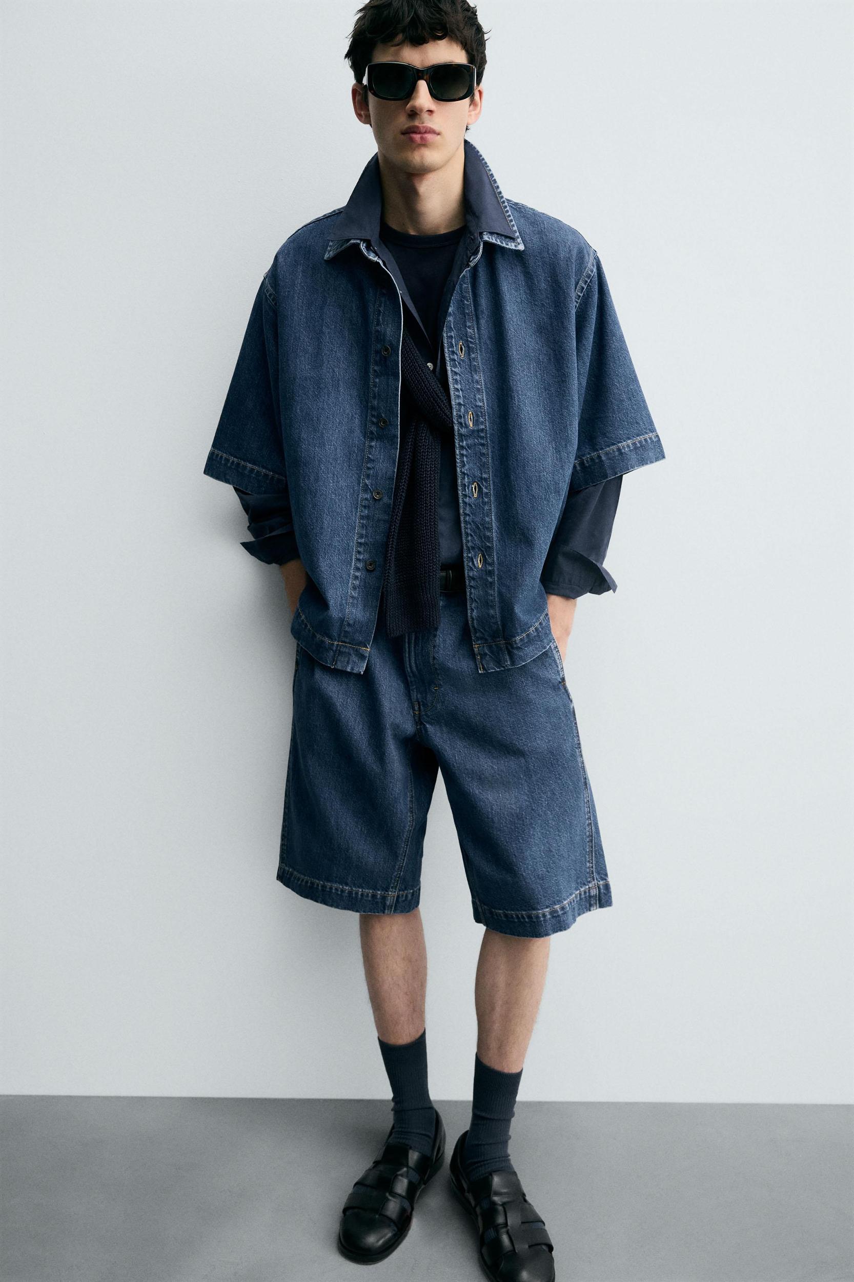 PLEATED RELAXED FIT DENIM SHORTS Product Image