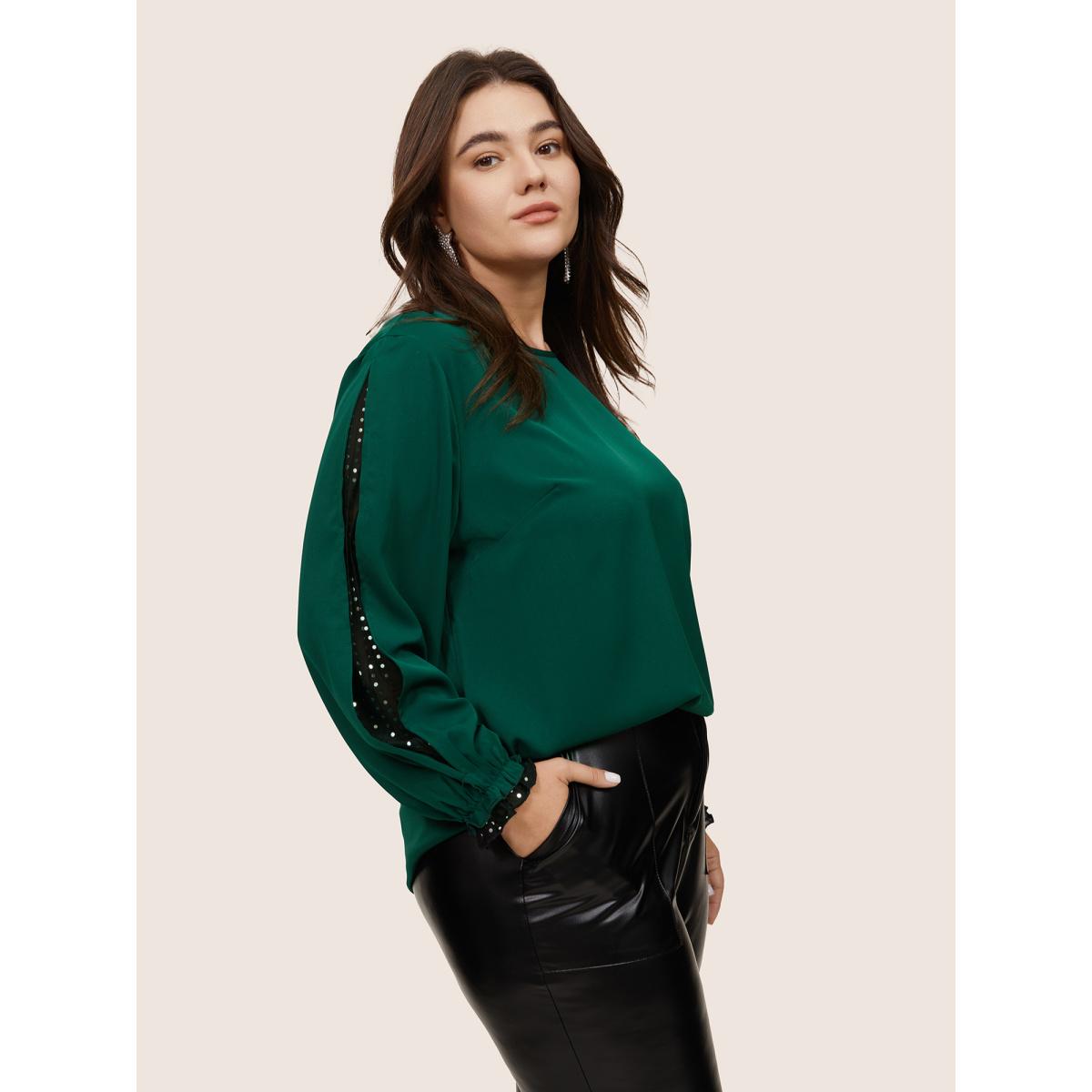Plus Size DarkGreen Sequin Mesh Patchwork Lantern Sleeve Blouse Women Glamour Long Sleeve Round Neck Going out Blouses BloomChic 14-16/1X Product Image