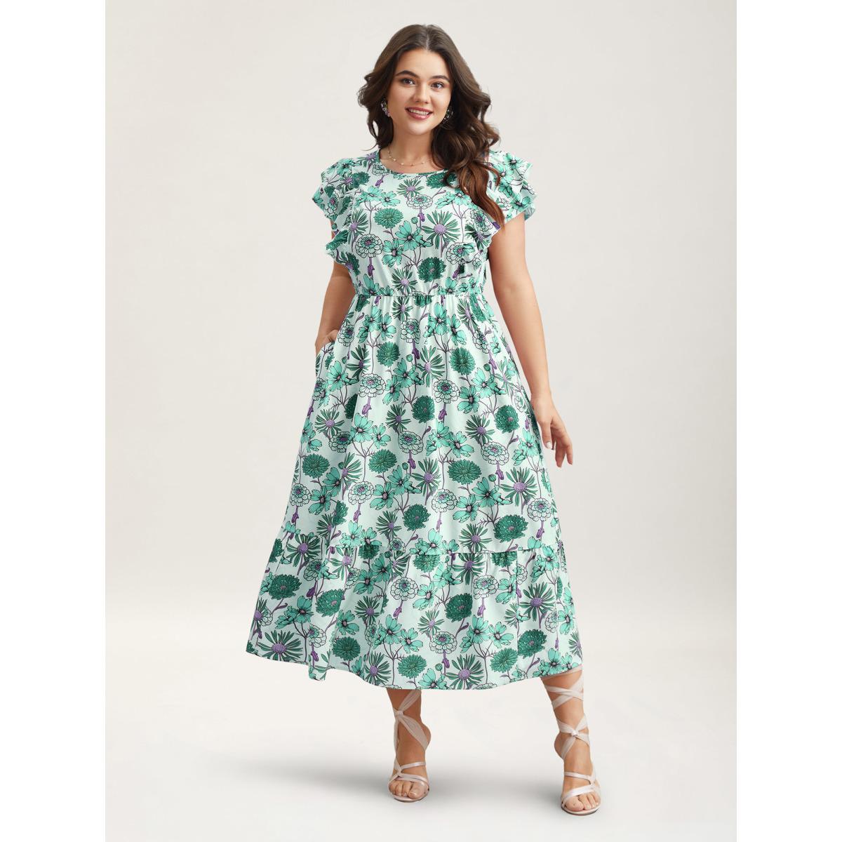 Plus Size Ruffled Floral Print Stretchy-Waist Midi Dress Turquoise Women Romantic Ruffles Round Neck Cap Sleeve Curvy BloomChic 12/L Product Image