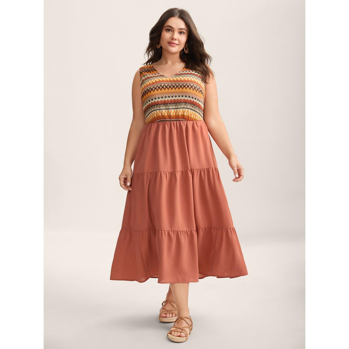Plus Size Boho Stripes V-Neck Pockets Midi Dress Coral Women V-neck Sleeveless Curvy BloomChic 18-20/2X Product Image