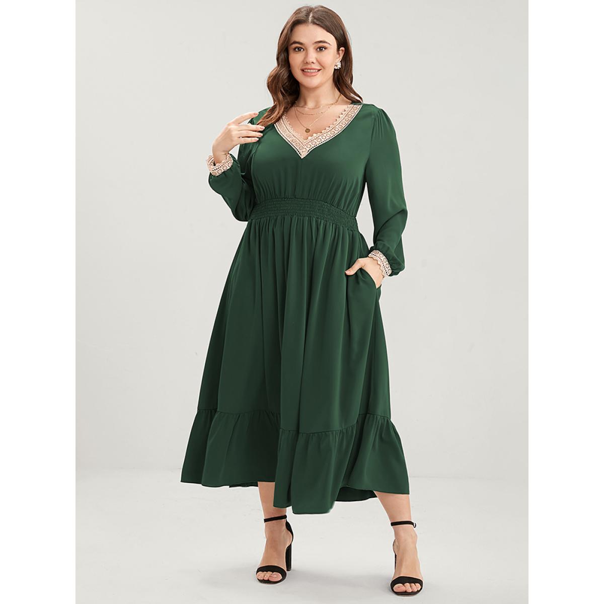 Plus Size Solid Lantern Sleeve Shirred Pocket Lace Trim Ruffle Hem Dress Green Women Elegant Patchwork V-neck Long Sleeve Curvy Midi Dress BloomChic 10/M Product Image