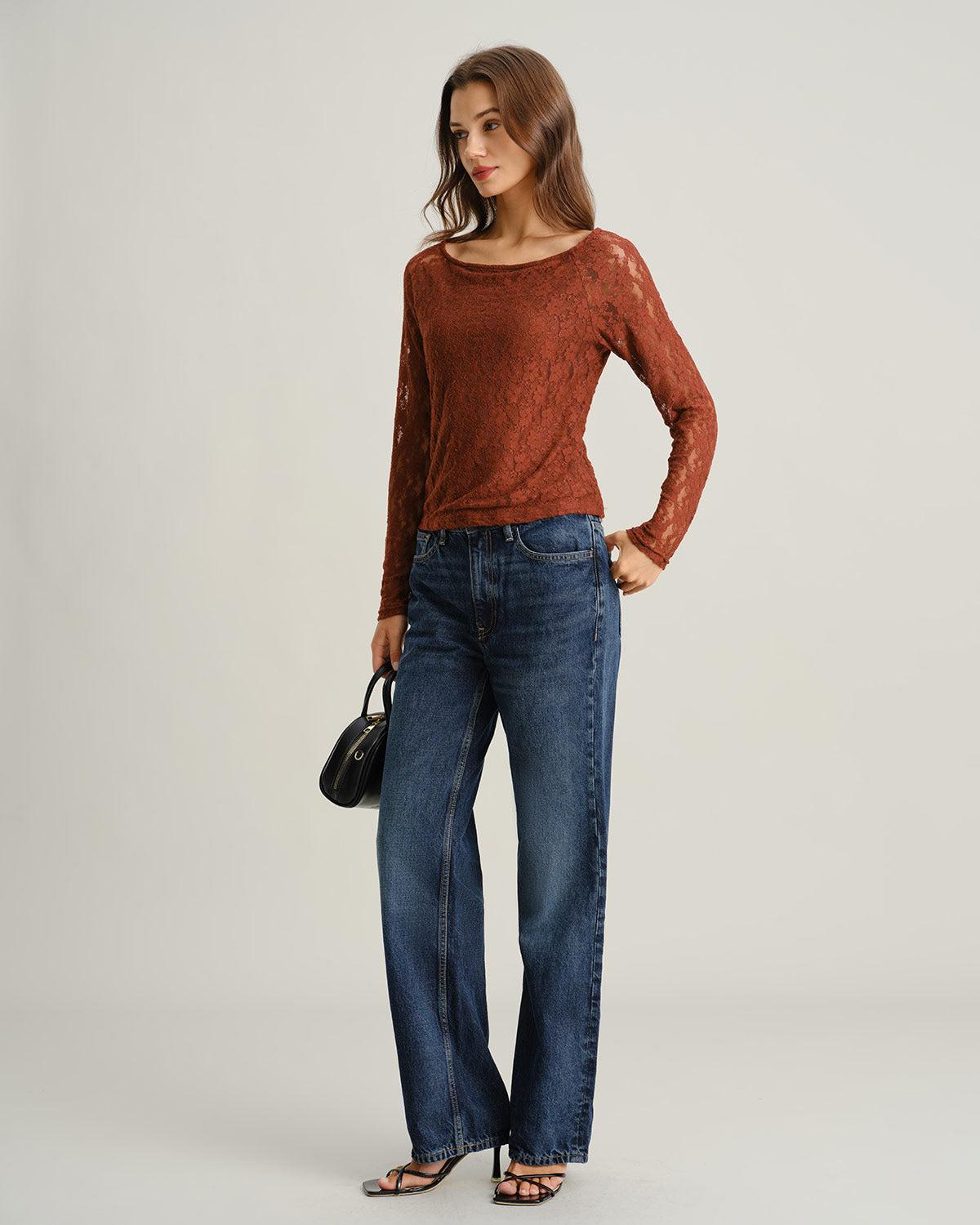 Brown Boat Neck Lace Slim Tee Product Image