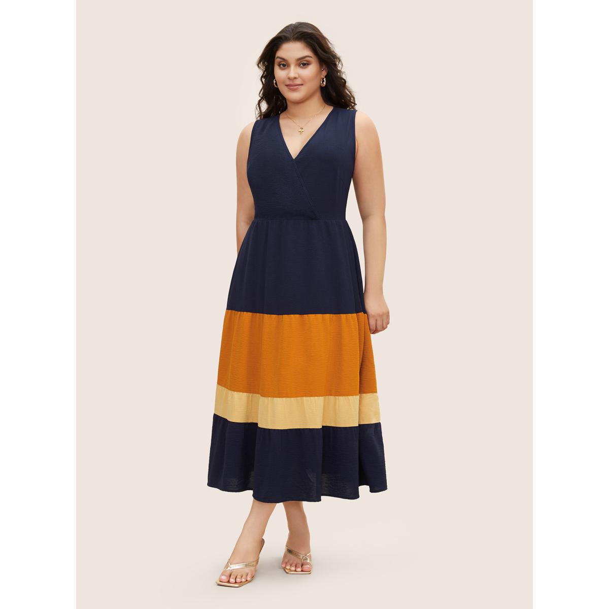 Plus Size Patchwork Contrast Overlap Collar Sleeveless Dress Indigo Women Elegant Contrast Overlap Collar Sleeveless Curvy BloomChic 12/L Product Image