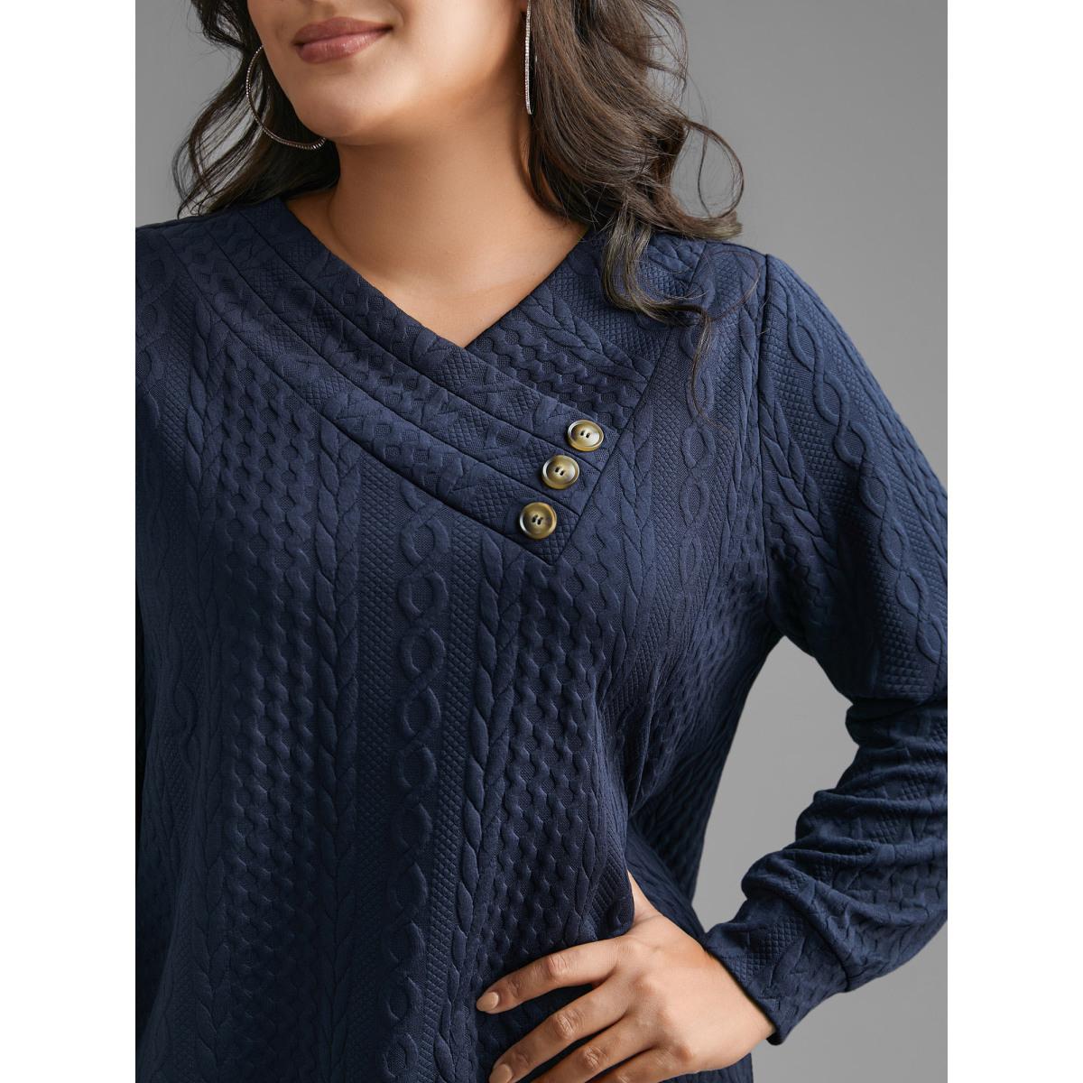 Plus Size Overlap Collar Textured Button Detail Sweatshirt Women Indigo Casual Texture Overlap Collar Everyday Sweatshirts BloomChic 28/5X Product Image