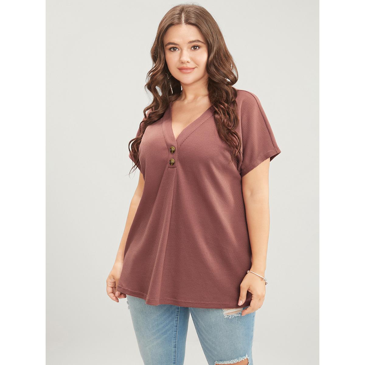 Plus Size Solid Dolman Sleeve Button Detail Waffle Knit T-shirt DustyPink Women Casual Button Plain V-neck Dailywear T-shirts BloomChic 30/6X Product Image