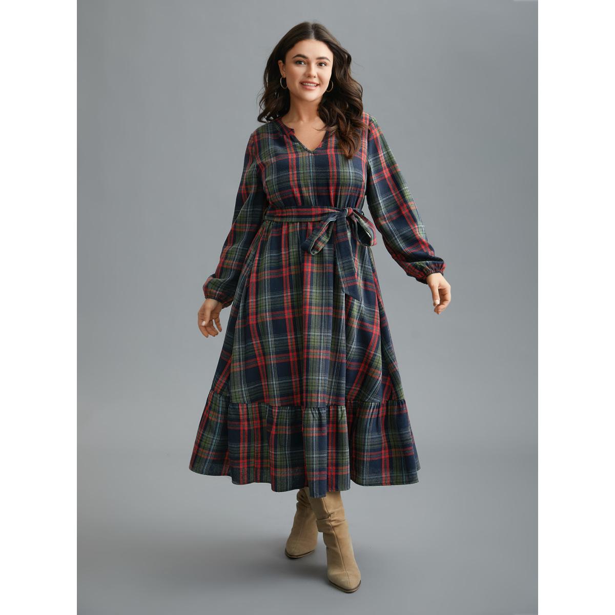 Plus Size Festive Notched Collar Plaid Dress Navy Women Elegant Belted Flat collar with V-notch Long Sleeve Curvy BloomChic 26/4X Product Image
