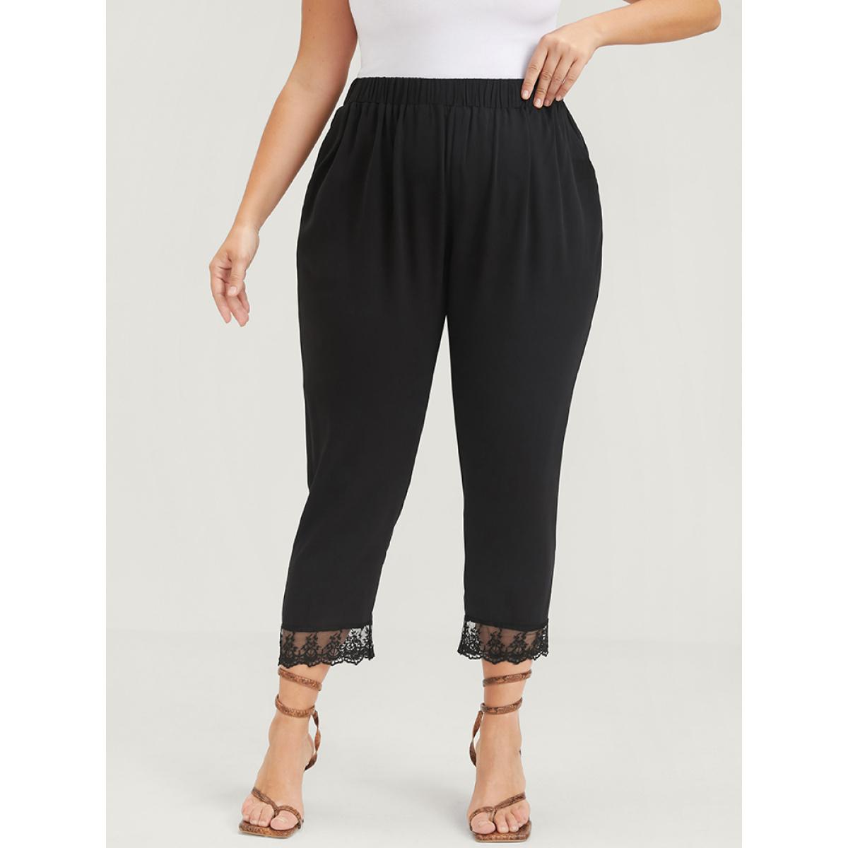 Plus Size Solid Lace Mesh Hem Pocket Elastic Waist Pants Women Black Elegant Loose High Rise Dailywear Pants BloomChic 10/M Product Image