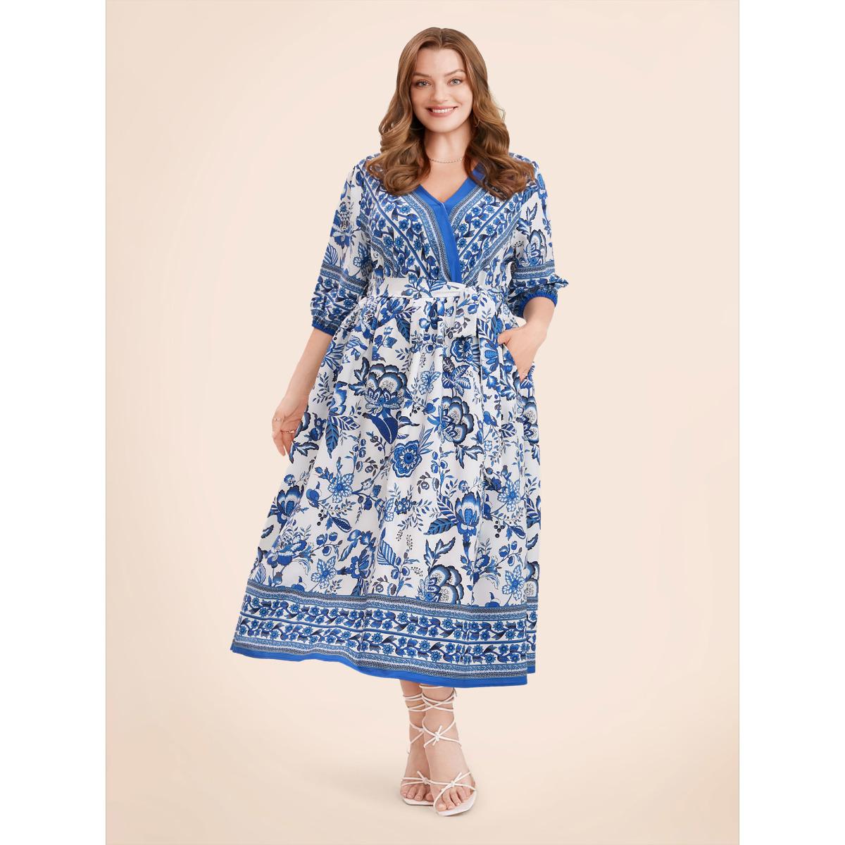 Plus Size Bandana Print Surplice Neck Lantern Sleeve Pocket Belted Midi Dress Blue Women Resort Non V-neck Half Sleeve Curvy Midi Dress BloomChic 30/6X Product Image