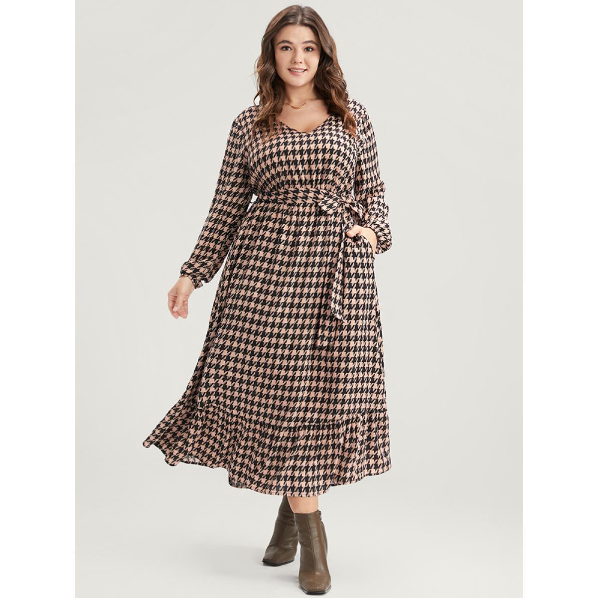 Plus Size Houndstooth V Neck Lantern Sleeve Pocket Belted Ruffles Dress Multicolor Women Elegant Elastic Waist V-neck Long Sleeve Curvy Midi Dress BloomChic 14-16/1X Product Image