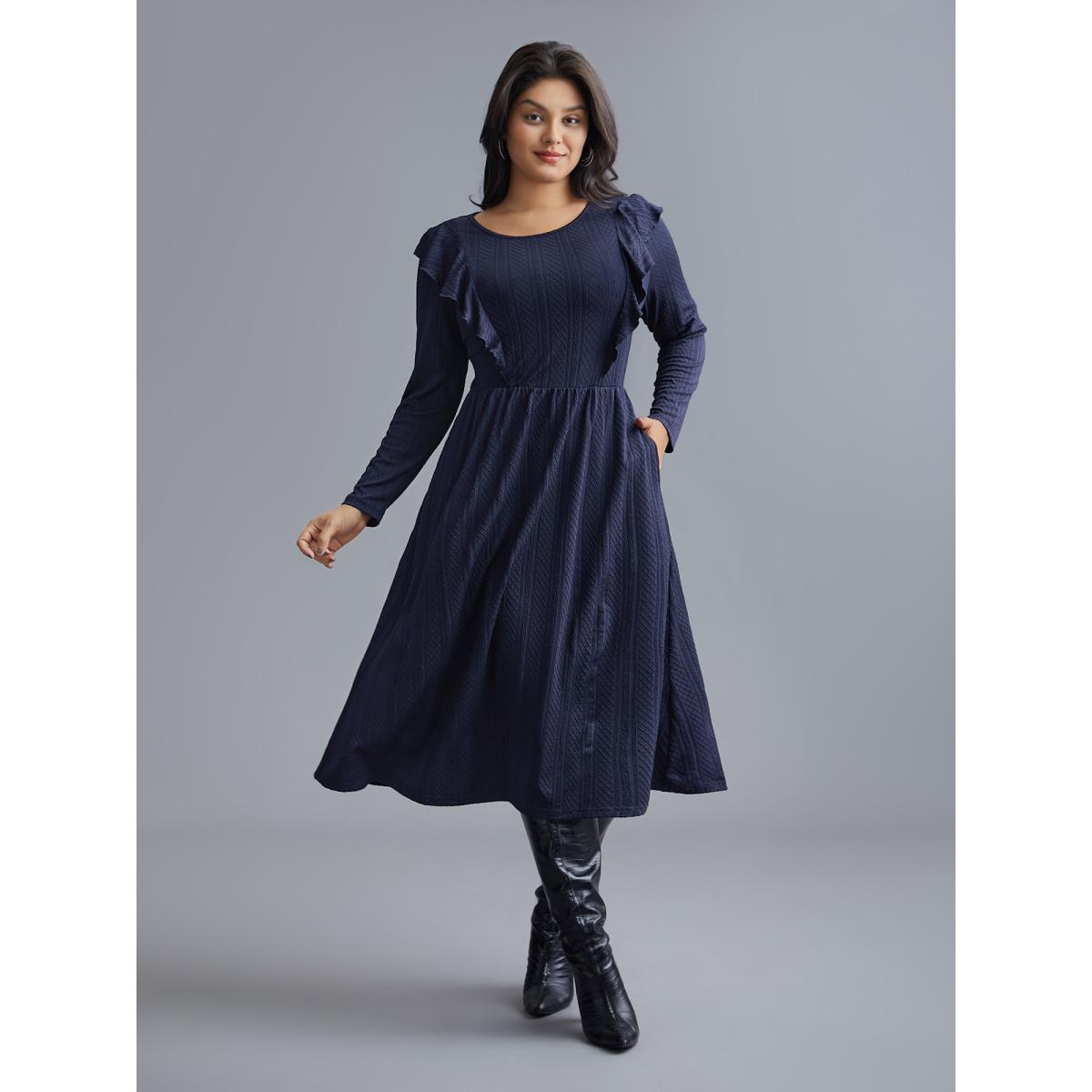 Plus Size Plain Crew Neck Ruffle Trim Plisse Dress Midnight Women Casual Texture Knit Dresses Bloomchic 18-20/2X Product Image