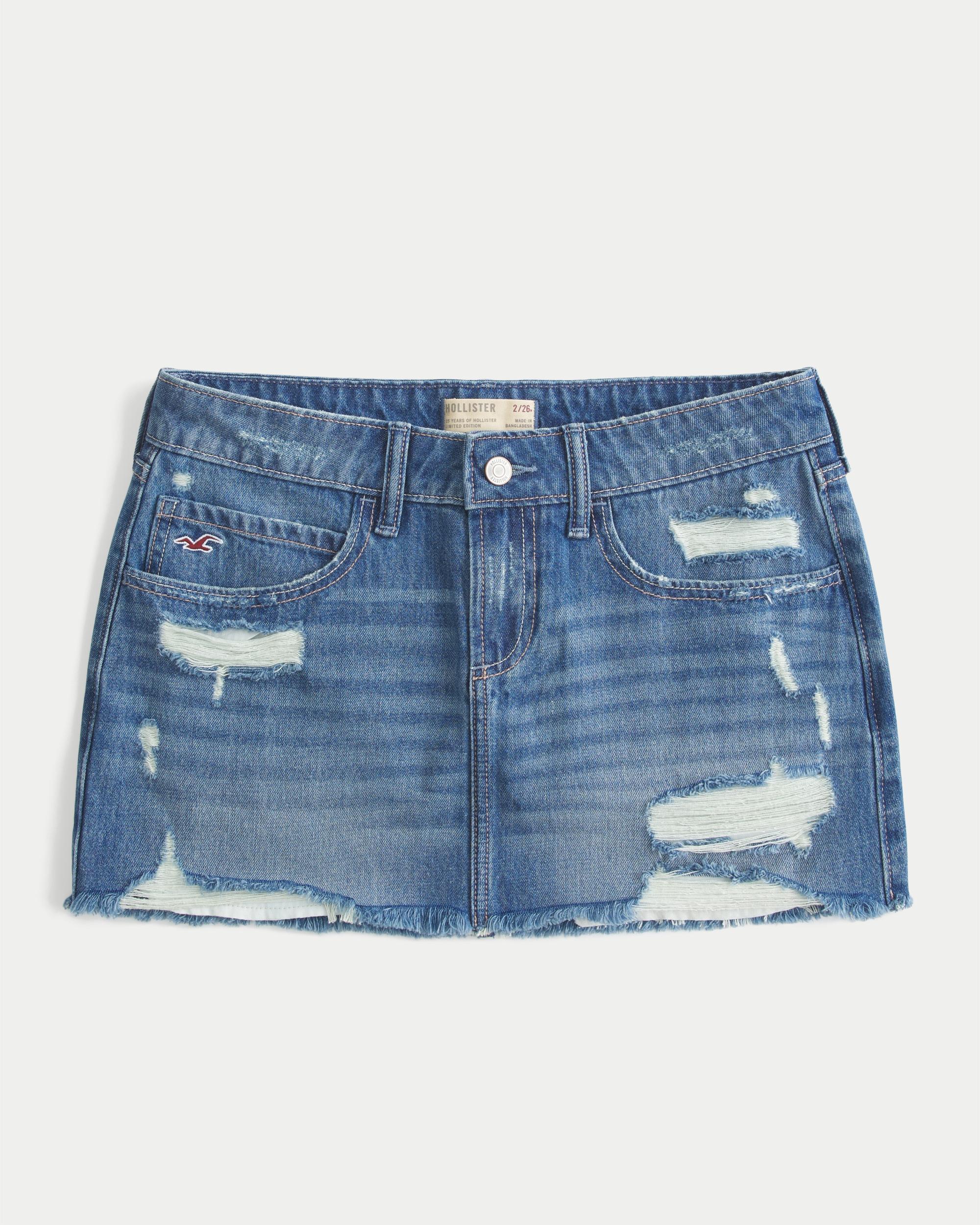 Low-Rise Ripped Dark Wash Denim Mini Skort Product Image