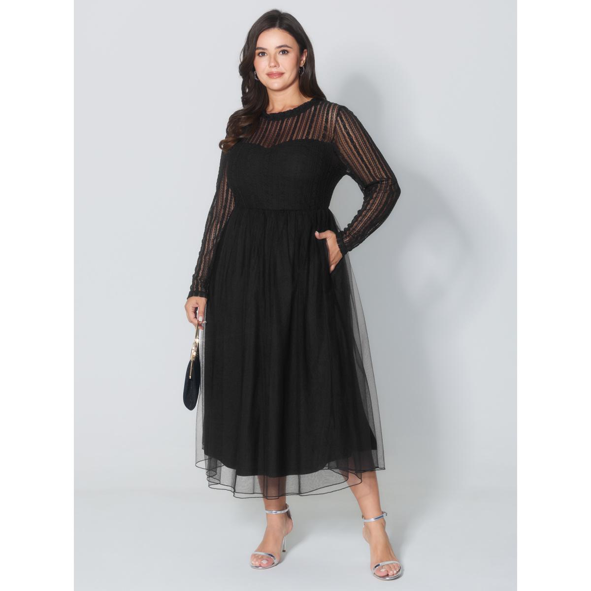 Plus Size Mock Neck Sheer Stretchy Midi Dress Black Women Party&Cocktail Stand-up collar Long Sleeve Curvy BloomChic 26/4X Product Image