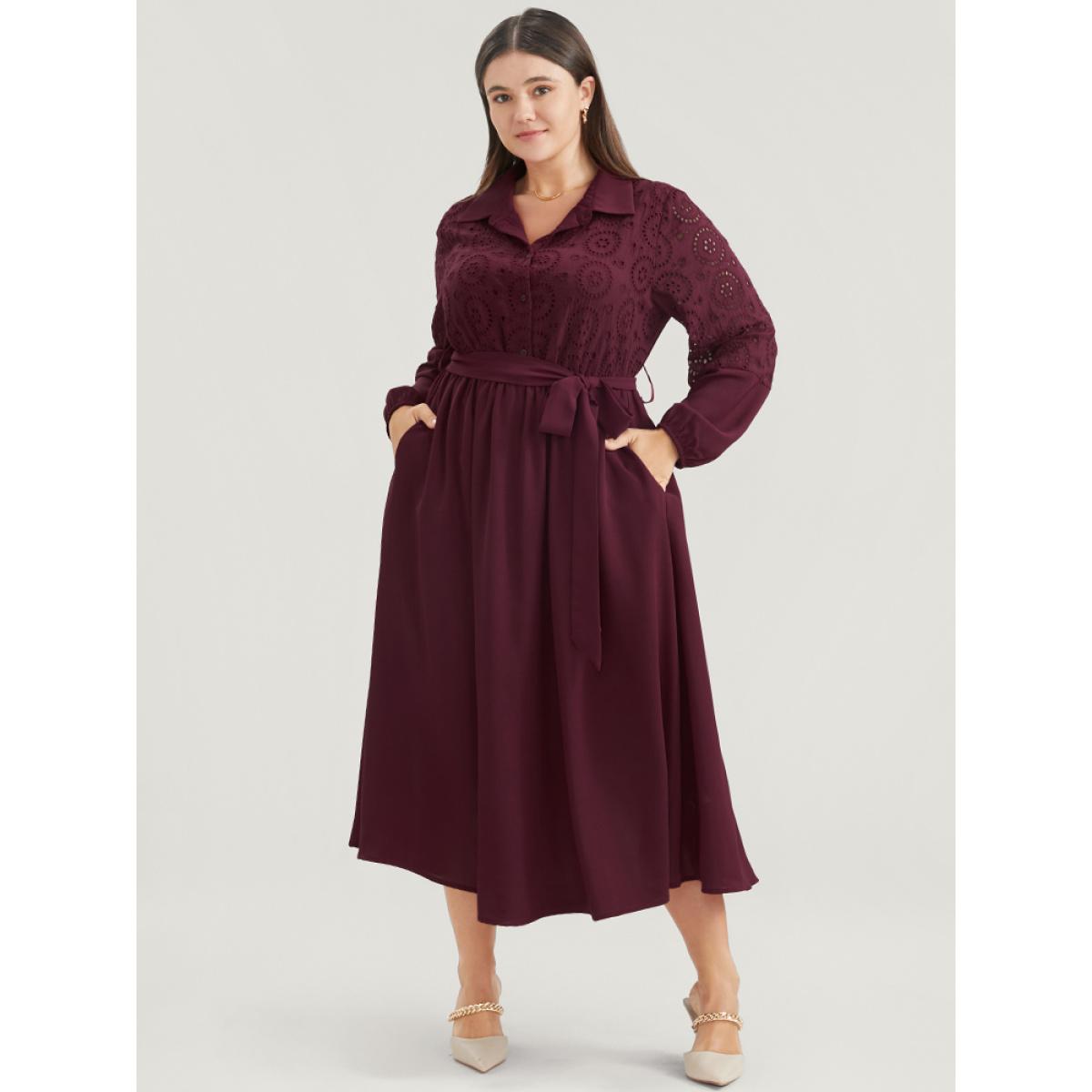 Plus Size Solid Pocket Button Detail Eyelet Lace Belted Dress Burgundy Women Casual Patchwork Shirt collar Long Sleeve Curvy Midi Dress BloomChic 10/M Product Image