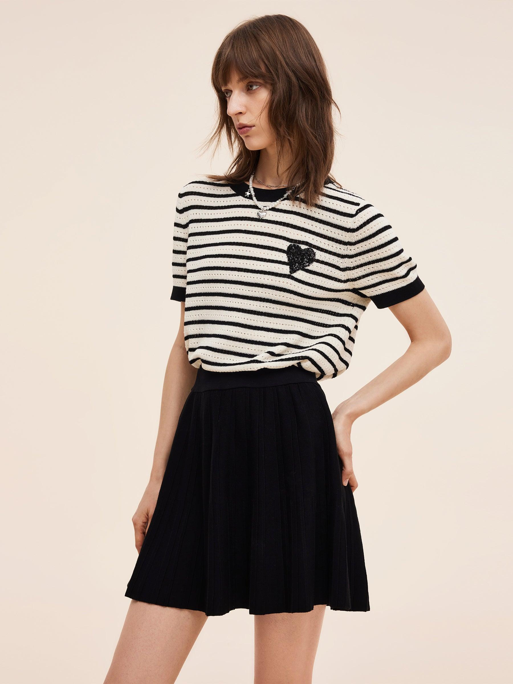 100% Cotton Stripe Women Openwork Knit T-Shirt Product Image