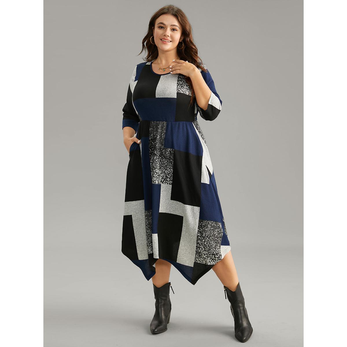 Plus Size Colorblock Contrast Round Neck Elastic Waist Dress Multicolor Women Casual Printed Round Neck Elbow-length sleeve Curvy Midi Dress BloomChic 10/M Product Image