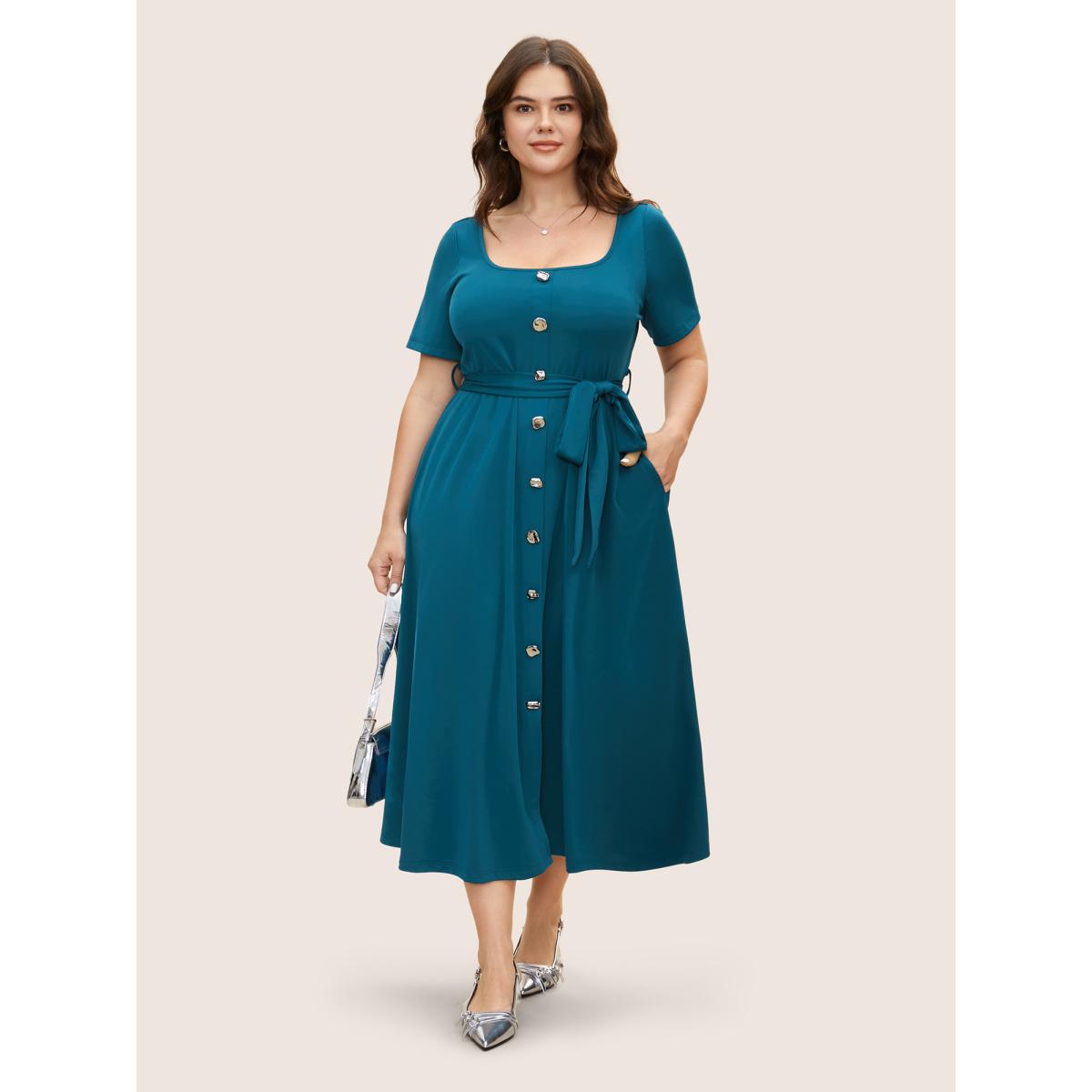 Plus Size Square Neck Button Detail Belted Dress Cerulean Women At the Office Belted Square Neck Short sleeve Curvy BloomChic 30/6X Product Image