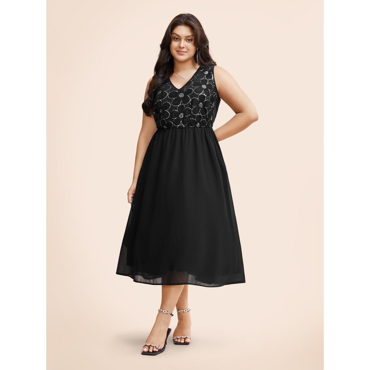 Plus Size V Neck Sequin Floral Patchwork Dress Black Women Formal Texture V-neck Sleeveless Curvy BloomChic 30/6X Product Image