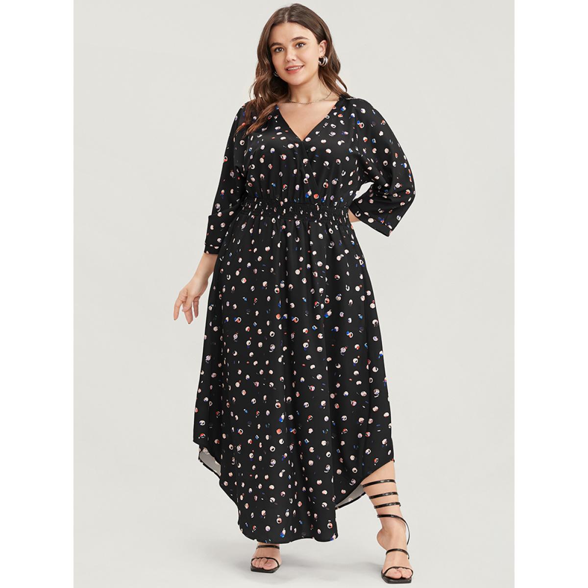 Plus Size Graphic Pocket Surplice Neck Shirred Arc Hem Dress BlackFlower Women Elegant Wrap V-neck Curvy Long Dress BloomChic 30/6X Product Image