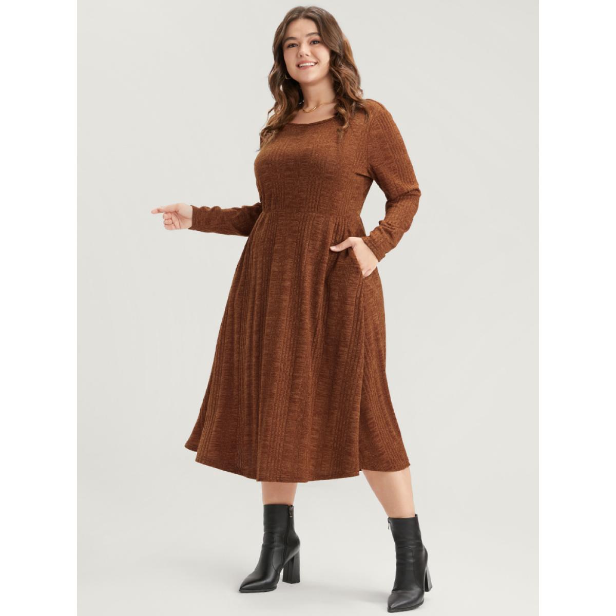 Plus Size Solid Round Neck Pocket Rib Knit Dress Without Belt Chocolate Women Elegant Elastic Waist Round Neck Long Sleeve Curvy Midi Dress BloomChic 14-16/1X Product Image