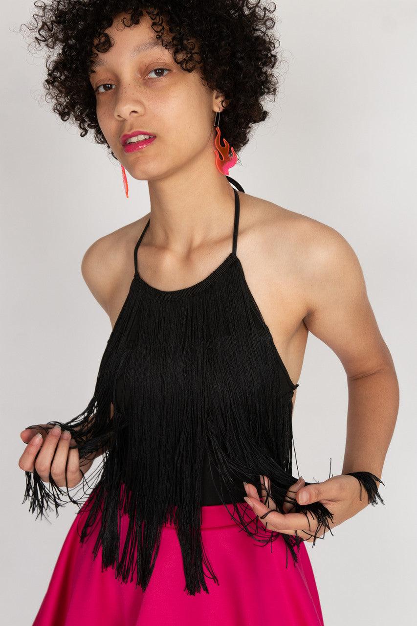Black Fringe Halter Bodysuit Product Image