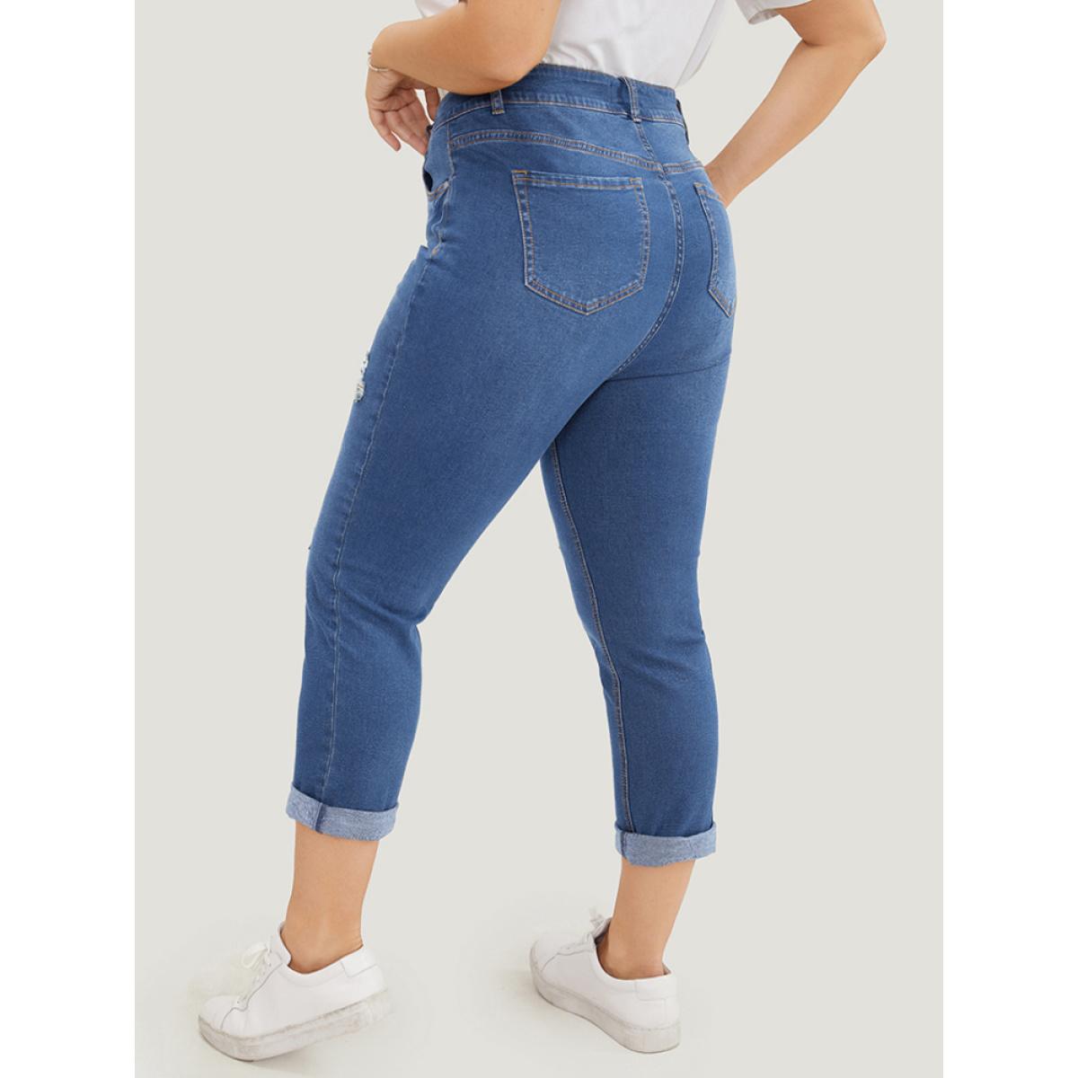 Plus Size Very Stretchy Dark Wash Roll Hem Cropped Jeans Women Blue Casual Plain Distressed High stretch Patch pocket Jeans BloomChic 18/2X Product Image