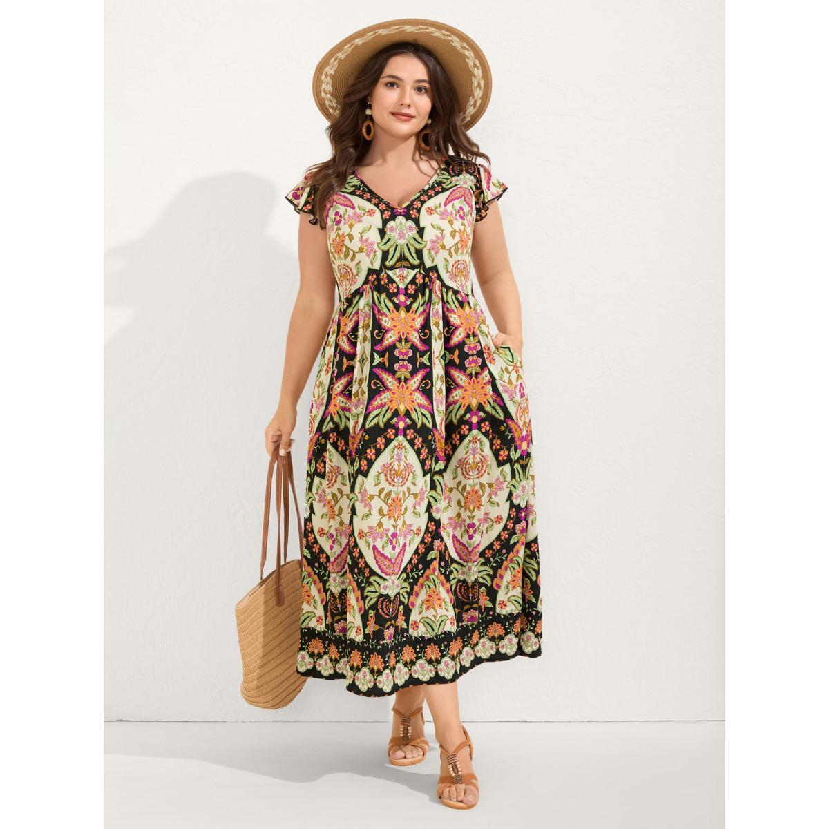 Plus Size Floral Print Ruffled Sleeve V-Neck Midi Dress Black Women Boho V-neck Cap Sleeve Curvy BloomChic 10/M Product Image