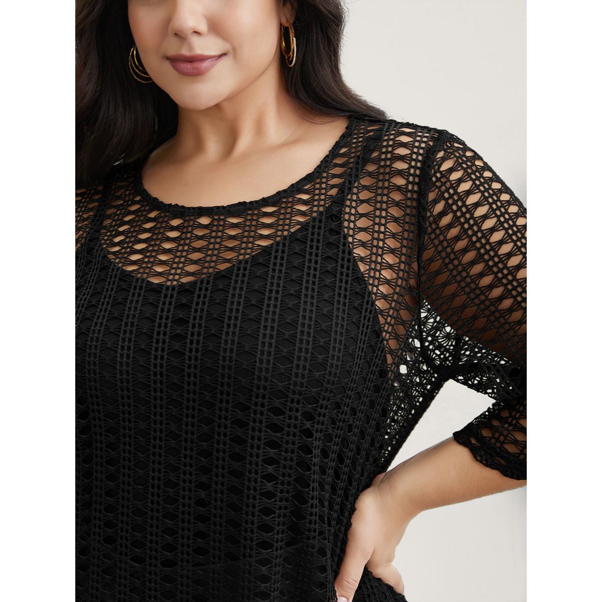 Plus Size Textured Sheer Round Neck Midi Dress Black Women Casual Cut-Out Knit Dresses Bloomchic 18-20/2X Product Image