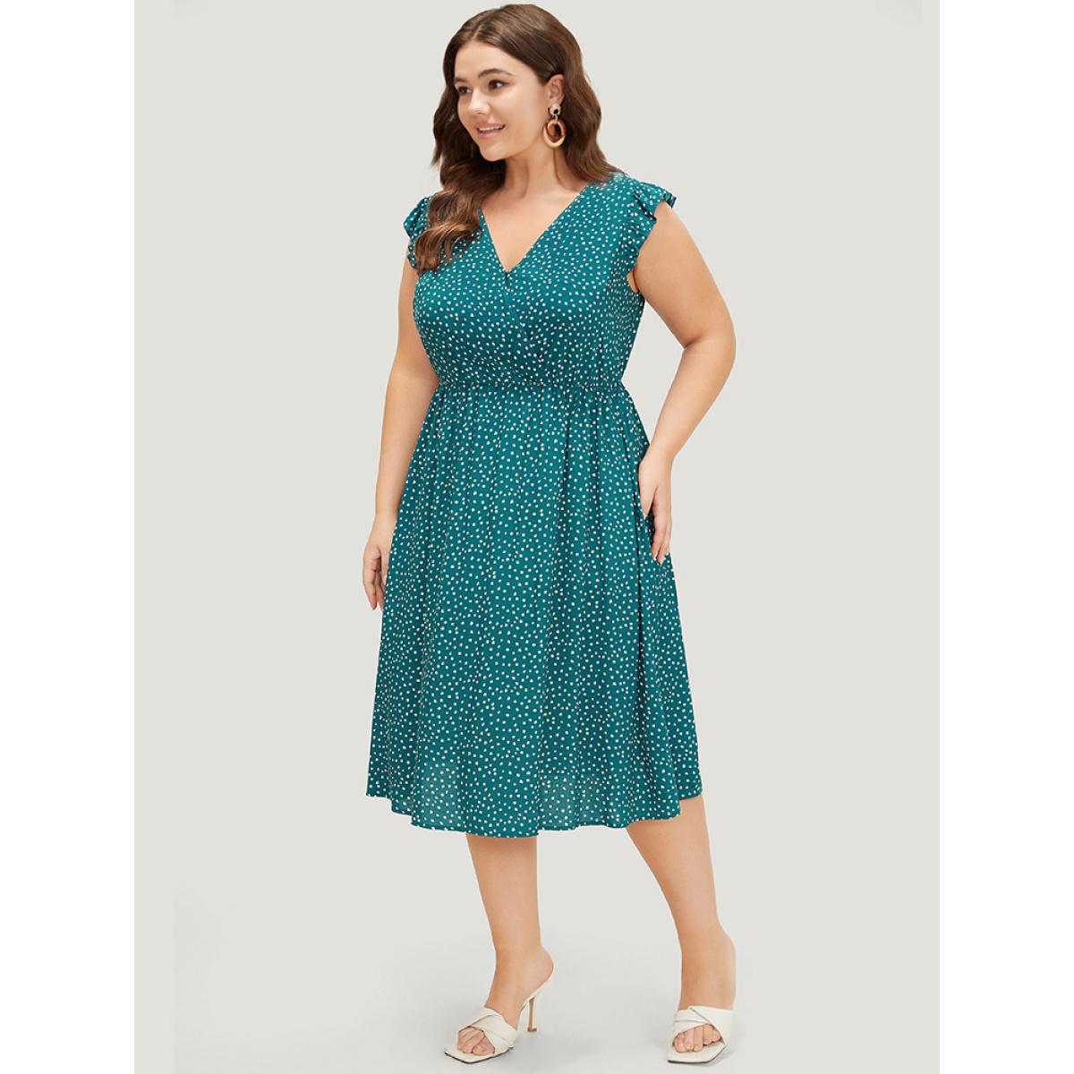 Plus Size Leopard Wrap Ruffle Trim Pocket Cap Sleeve Dress Cyan Women Elegant Wrap V-neck Cap Sleeve Curvy Midi Dress BloomChic 14-16/1X Product Image