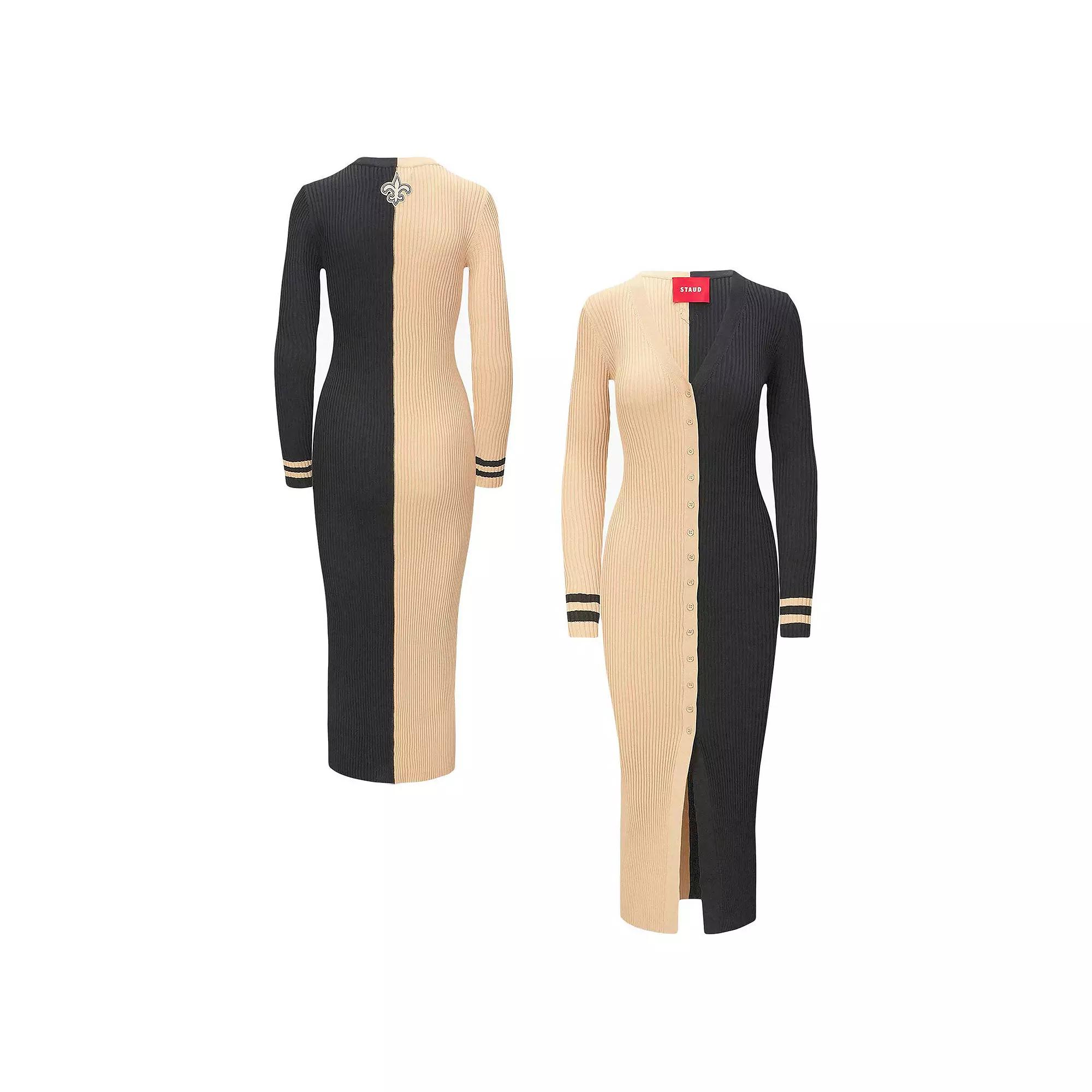 Women's STAUD Gold/Black New Orleans Saints Shoko Knit Button-Up Sweater Dress, Size: Medium Product Image