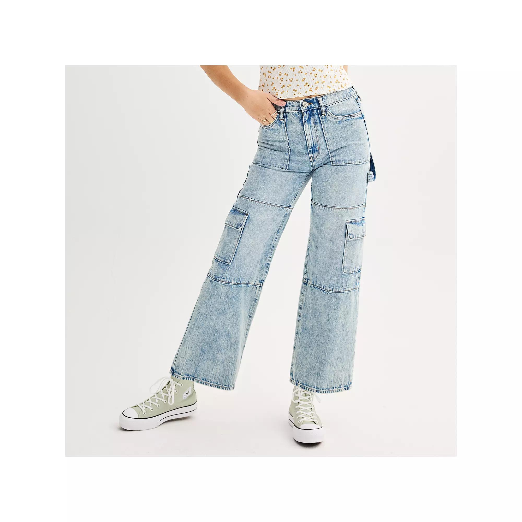 Juniors' SO® High Rise Wide Leg Cargo Jean, Girl's, Size: Medium, Medium Tint Product Image