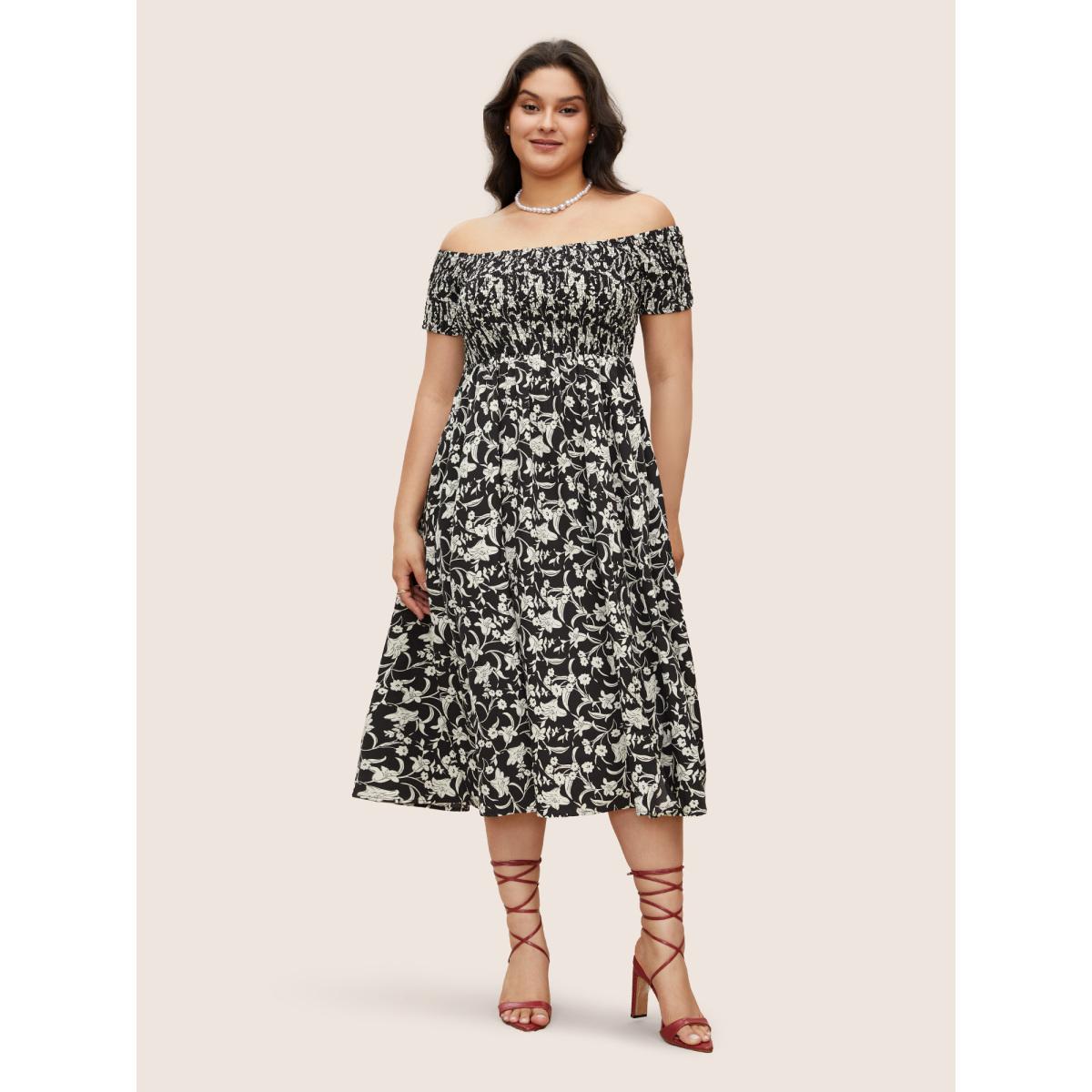 Plus Size One Shoulder Neck Floral Shirred Slit Hem Dress BlackFlower Women Elegant Slit One-shoulder neck Short sleeve Curvy Midi Dress BloomChic 12/L Product Image
