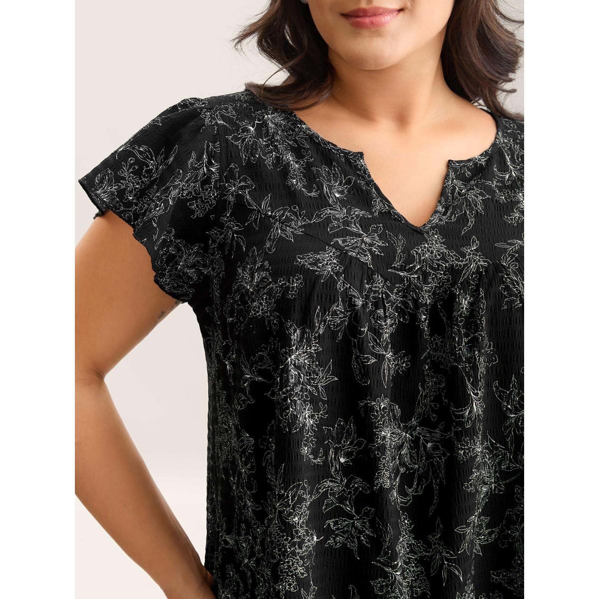 Plus Size Black Silhouette Floral Print Flutter Sleeve Blouse Women Timeless Cap Sleeve Notched collar Elegant Blouses BloomChic 18-20/2X Product Image