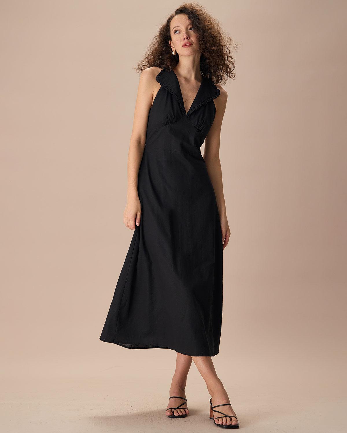 The Black Collared Frill Trim Linen Maxi Dress Product Image