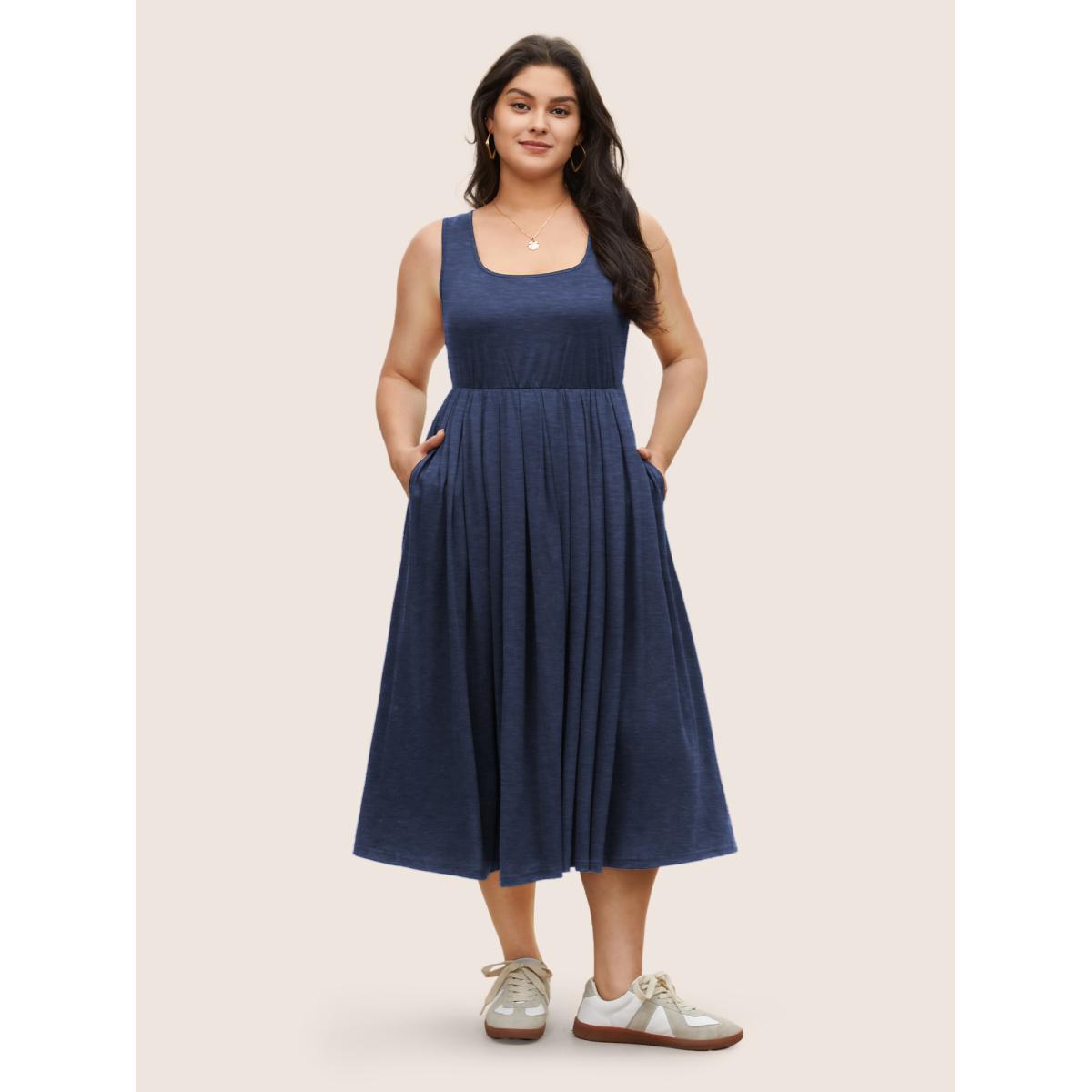 Plus Size Supersoft Essentials Solid Gathered Tank Dress Navy Women Basics Non U-neck Sleeveless Curvy Midi Dress BloomChic 10/M Product Image