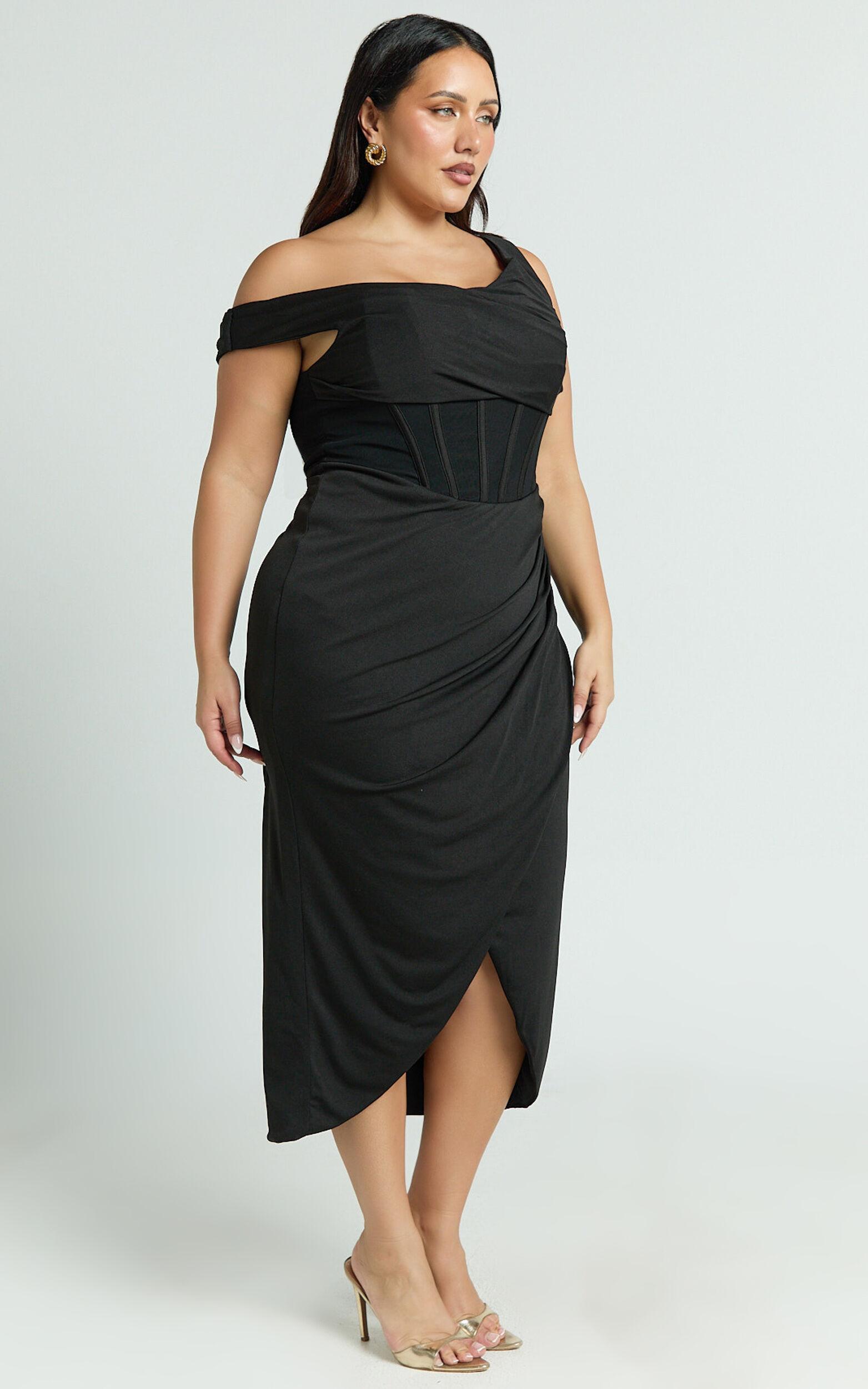 Aidia Midi Dress - Off Shoulder Draped Corset Dress in Black Product Image