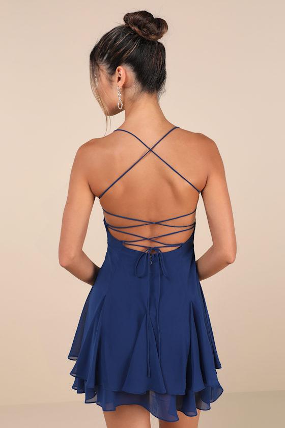 Perfected Sweetness Dark Blue Pleated Tiered Mini Dress Product Image