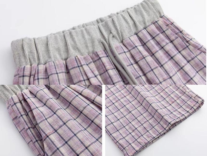 Panel Plaid High Waist Drawstring Wide Leg Sweatpants Product Image