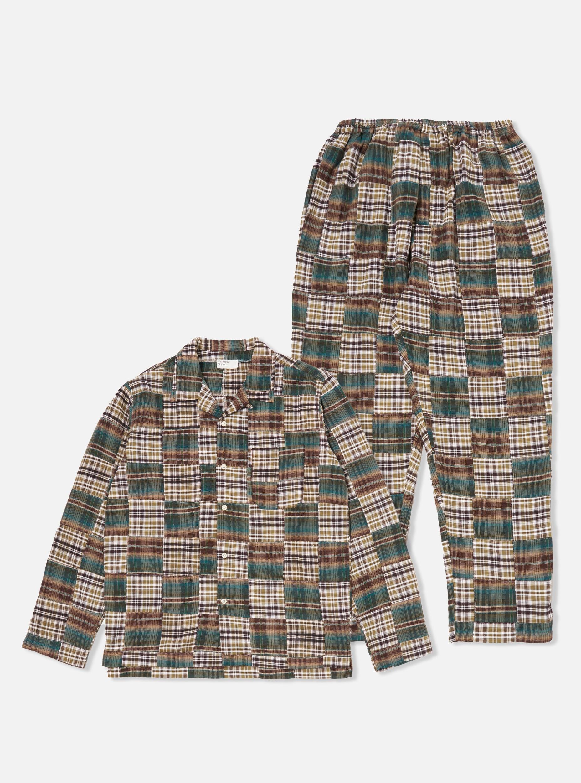 Universal Works Long Pyjama Set in Green/Brown Patchwork Madras Product Image