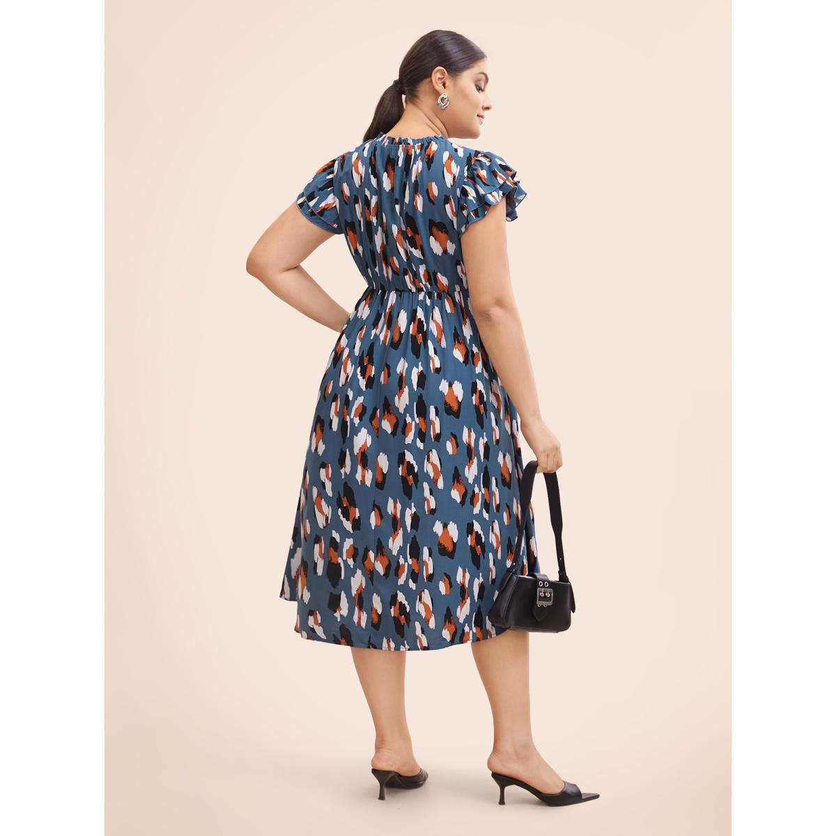 Plus Size Allover Print Frill Trim Flutter Sleeve Dress Aegean Women Office Gathered Mock Neck Sleeveless Curvy Midi Dress BloomChic 18-20/2X Product Image