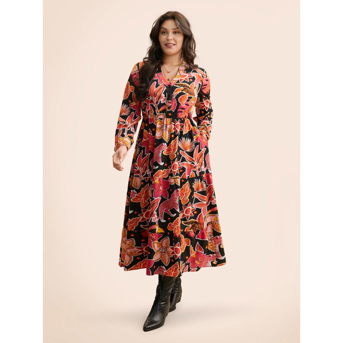 Plus Size Notched Floral Elastic Waist Maxi Dress Black Women Elegant Button Flat collar with V-notch Long Sleeve Curvy BloomChic 26/4X Product Image